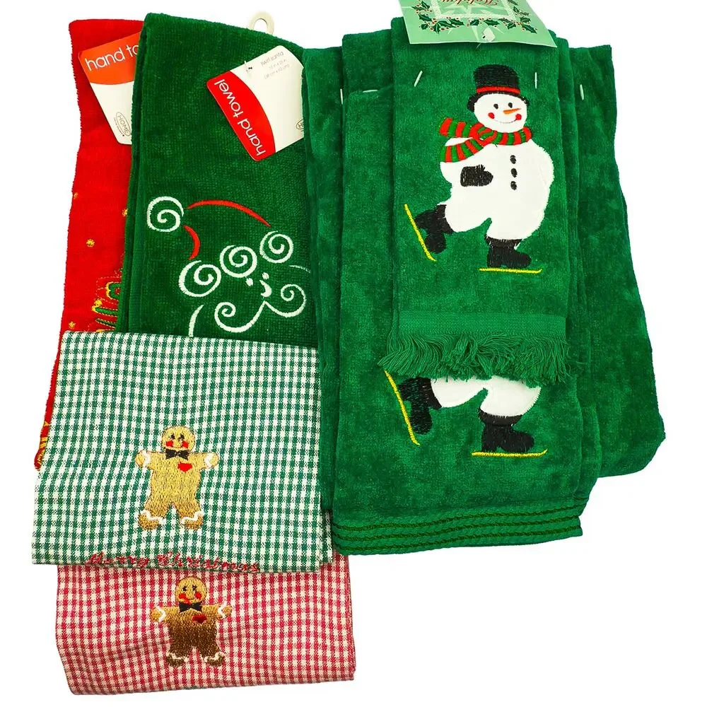 Set of 7 NOS Target Christmas Embroidered Towels Santa Red Green Cotton NWT
